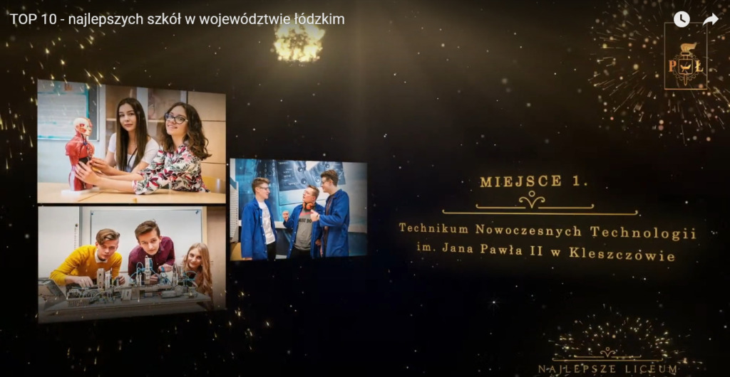 Zrzut ekranu przedstawiający wygraną Technikum Nowoczesnych Technologii w Łódzkim rankingu perspektyw