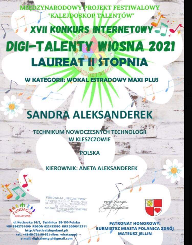 Dyplom dla Sandry Aleksanderek za zajęcie II miejsca na Międzynarodowym "KalejdoskopieTalentów " DIGI-TALENTY WIOSNA 2021