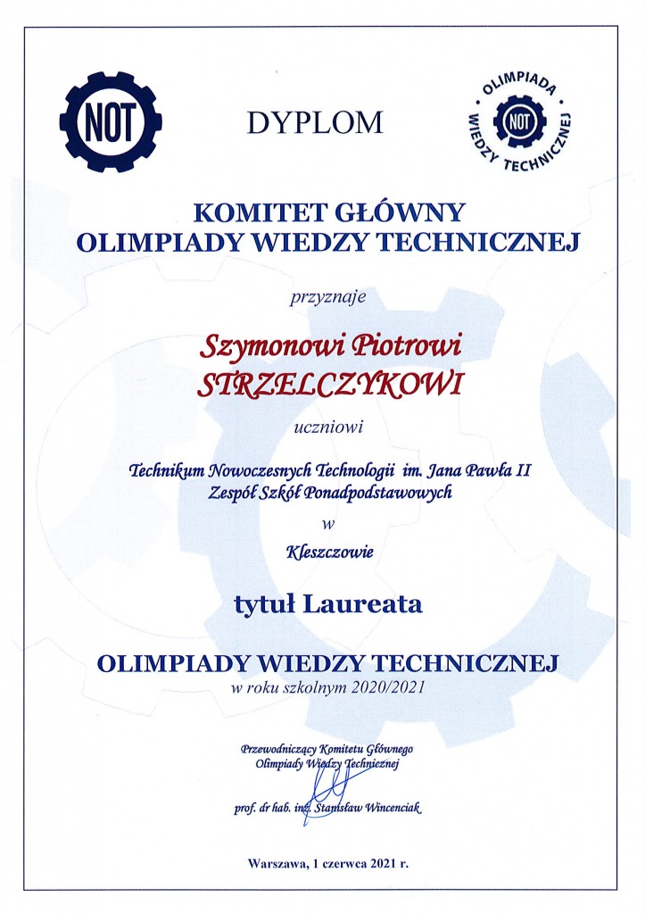 Dyplom dla Szymona Strzelczyk od przewodniczącego komitetu głównego OWT