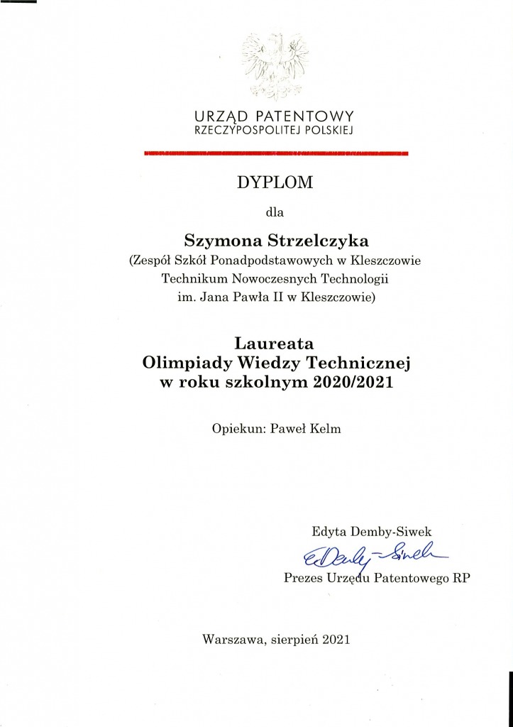 Dyplom dla Szymona Strzelczyka od Prezesa Urzędu Patentowego RP