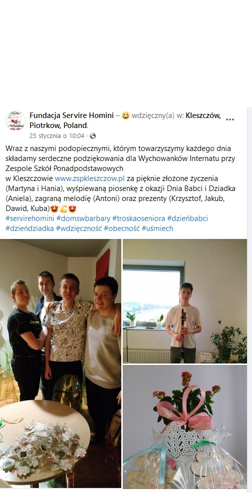 Mieszkańcy i Dyrekcja DPSu w Kleszczowie docenia prezentu od Młodzieży Internatu z okazji Dnia Babci i Dziadka 2022