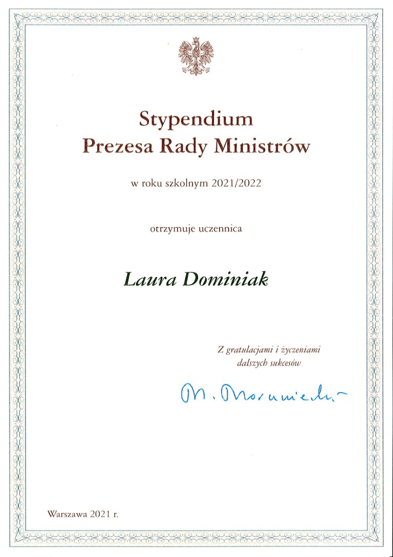 Skan stypendium dla Laury Dominiak