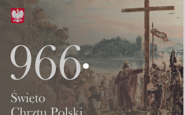 na tle przyrody krzyż wraz z postacią z mieczem i wojskiem i poddanymi, napis 966 świętu chrztu polski