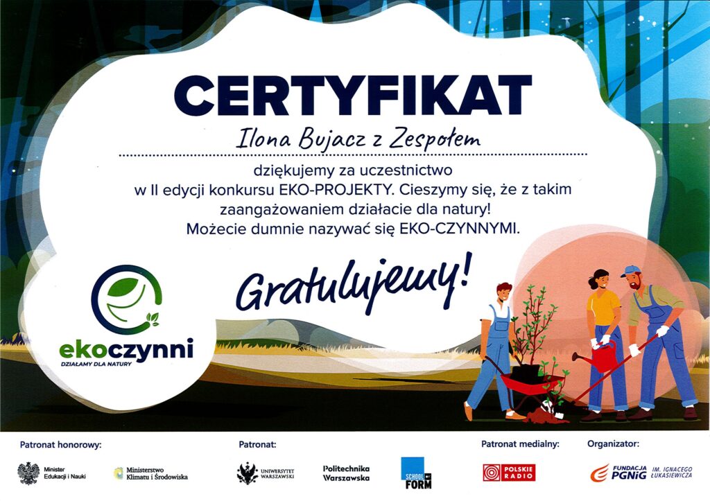 Certyfikat udziału w II edycji konkursu Eko-projekty