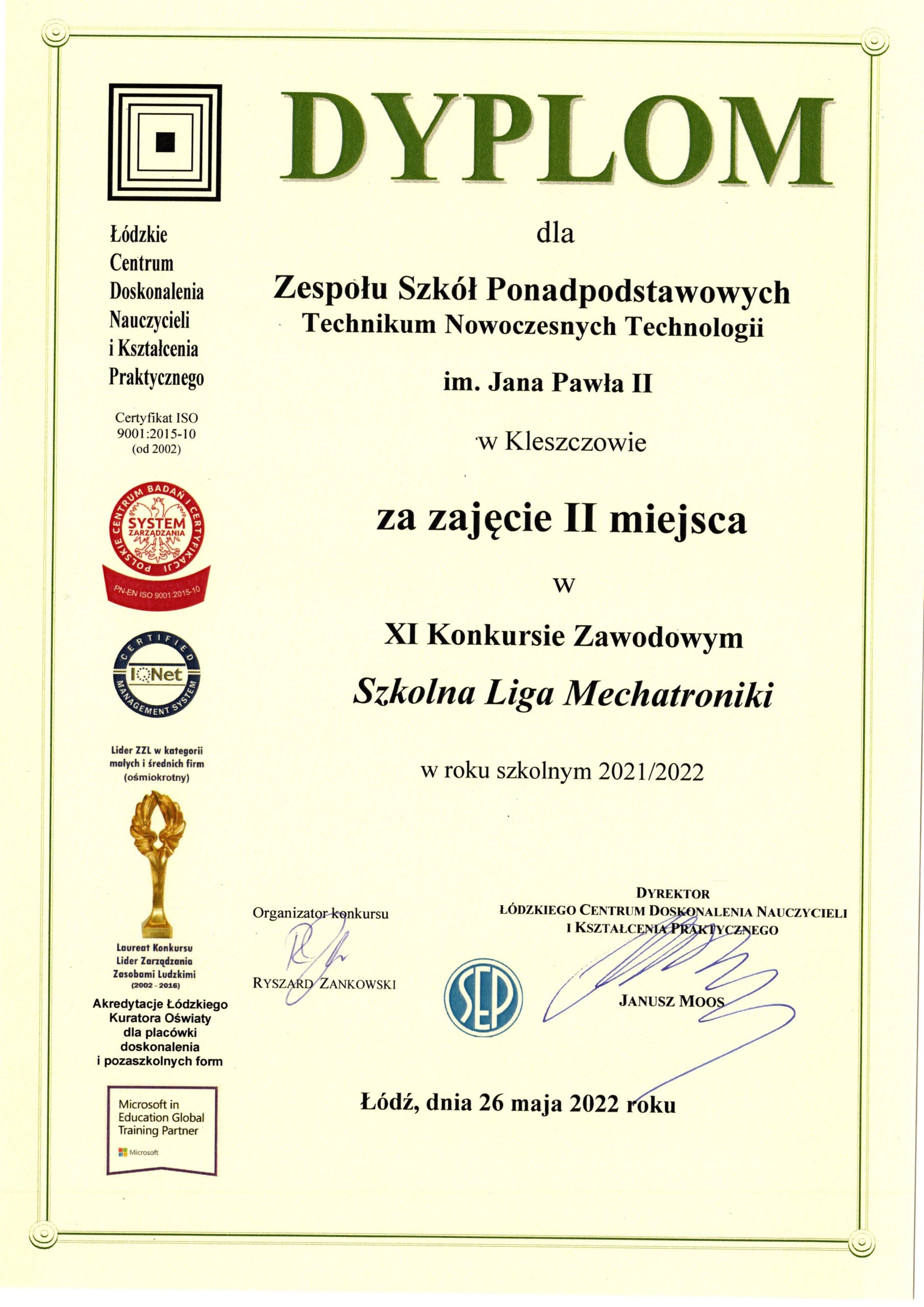 Dyplom za zajęcie II miejsca