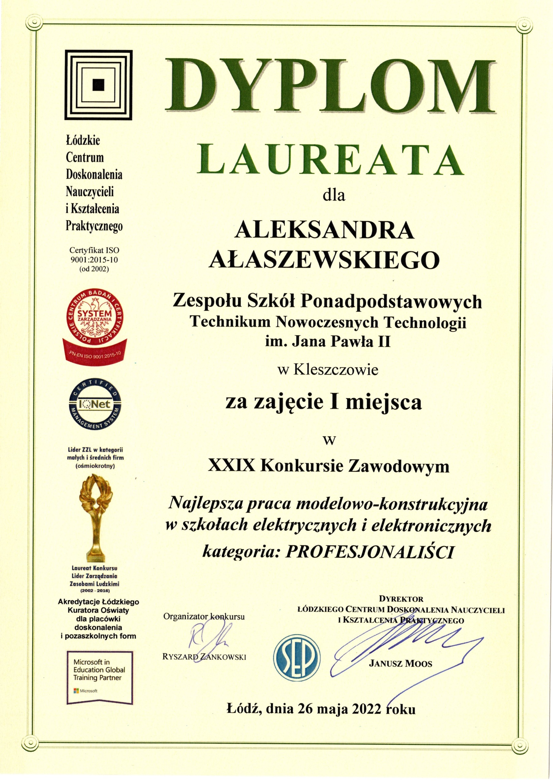 Dyplom dla Aleksandra