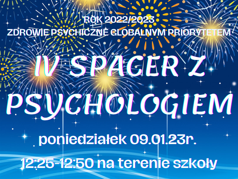 Na kolorowym plakacie napis "IV Spacer z psychologiem" oraz napis "Zdrowie psychiczne globalnym priorytetem".