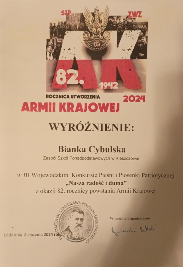 Dyplom Bianki Cybulskiej, wyróżnienie Konkursu Pieśni i Piosenki Patriotycznej „Nasza radość i duma” z okazji 82. rocznicy utworzenia Armii Krajowej.